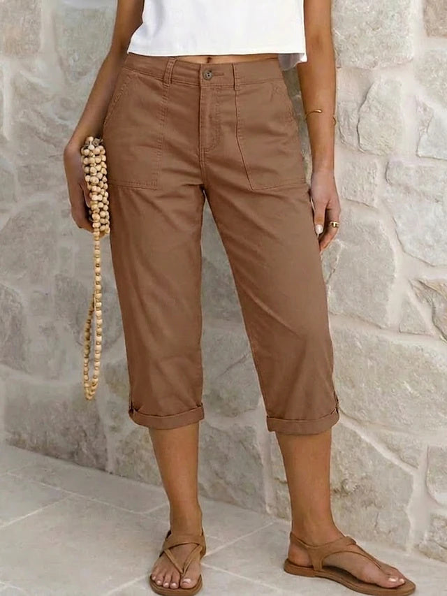 Retro Capri Cargo Pants Solid Non-Stretch Spring Summer