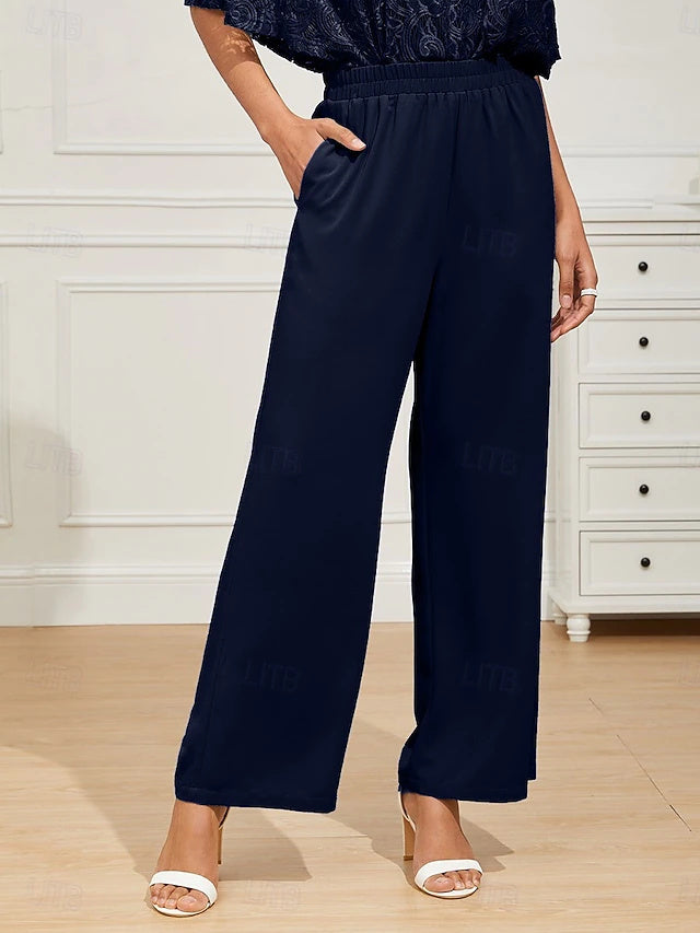 Basic Twill Wide Leg Pants Elastic Waist Spring Summer