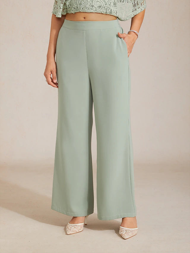Basic Twill Wide Leg Pants Elastic Waist Spring Summer