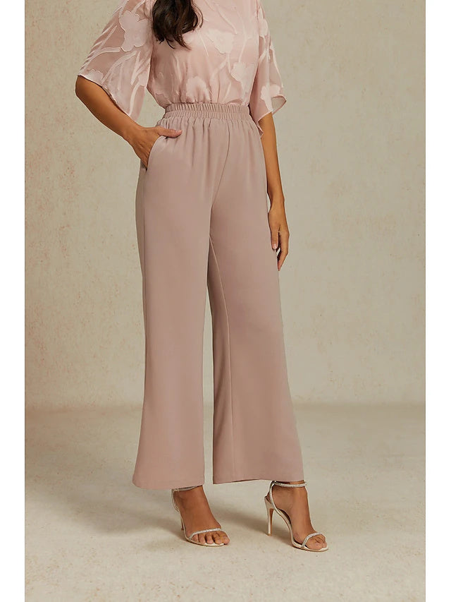 Basic Twill Wide Leg Pants Elastic Waist Spring Summer