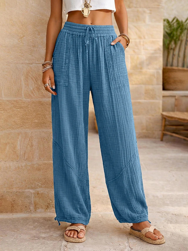 Breathable linen fabric, dual drawstring design, versatile for vacation, street and outdoor activities.