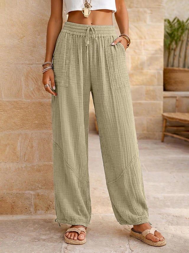 Breathable linen fabric, dual drawstring design, versatile for vacation, street and outdoor activities.