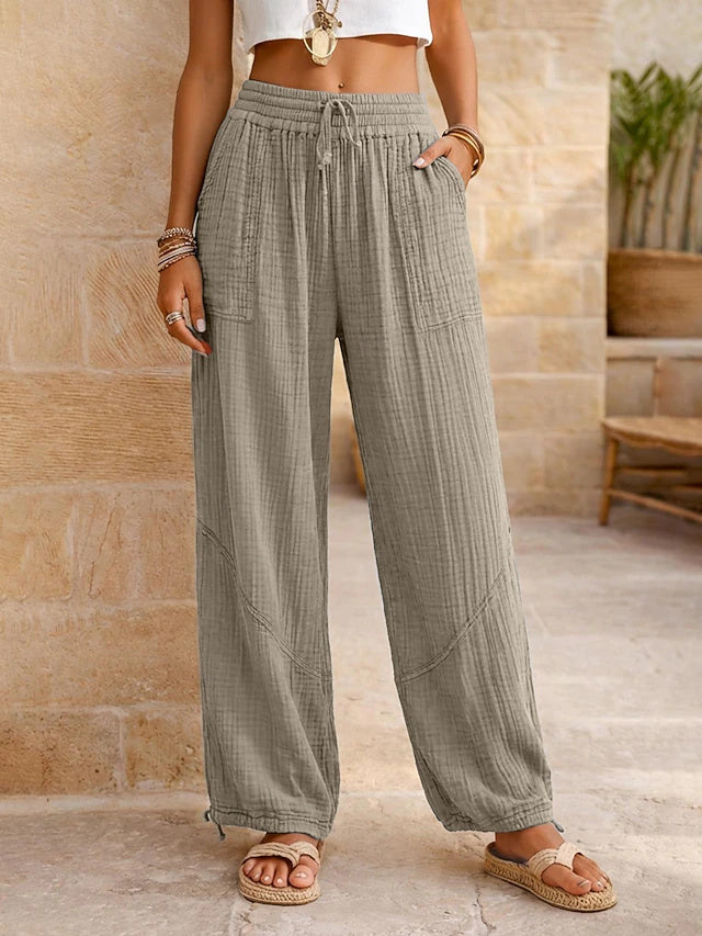 Breathable linen fabric, dual drawstring design, versatile for vacation, street and outdoor activities.