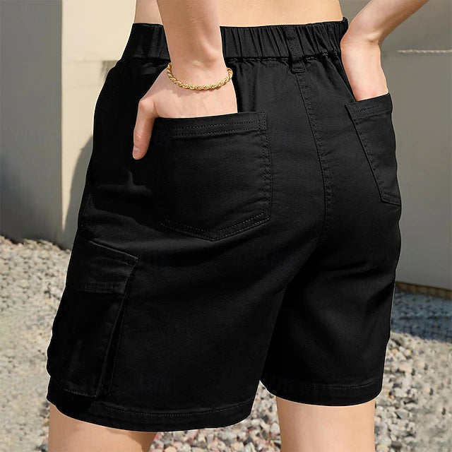 Women's Solid Color Bermuda Cargo Shorts, Mid-Rise Spliced Design with Zip Pockets, Soft Quick Dry Casual Shorts for Summer Vacation & Daily Wear
