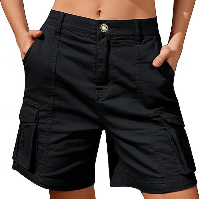 Women's Solid Color Bermuda Cargo Shorts, Mid-Rise Spliced Design with Zip Pockets, Soft Quick Dry Casual Shorts for Summer Vacation & Daily Wear