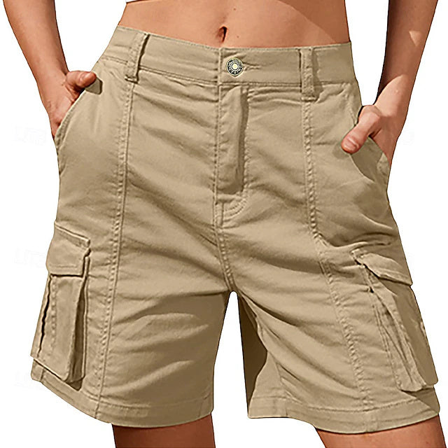 Women's Solid Color Bermuda Cargo Shorts, Mid-Rise Spliced Design with Zip Pockets, Soft Quick Dry Casual Shorts for Summer Vacation & Daily Wear