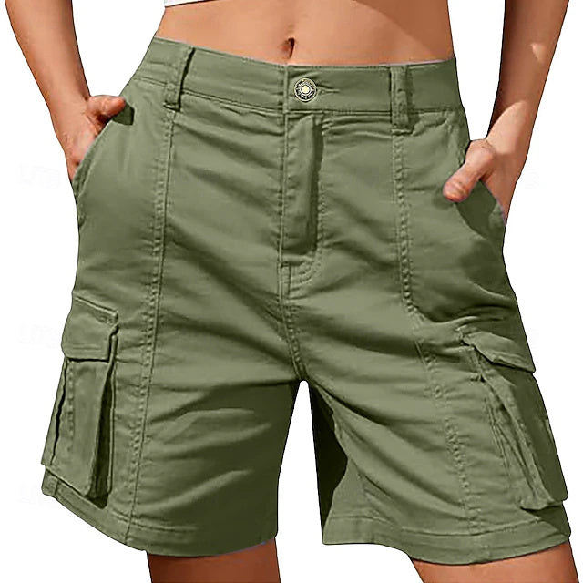 Women's Solid Color Bermuda Cargo Shorts, Mid-Rise Spliced Design with Zip Pockets, Soft Quick Dry Casual Shorts for Summer Vacation & Daily Wear