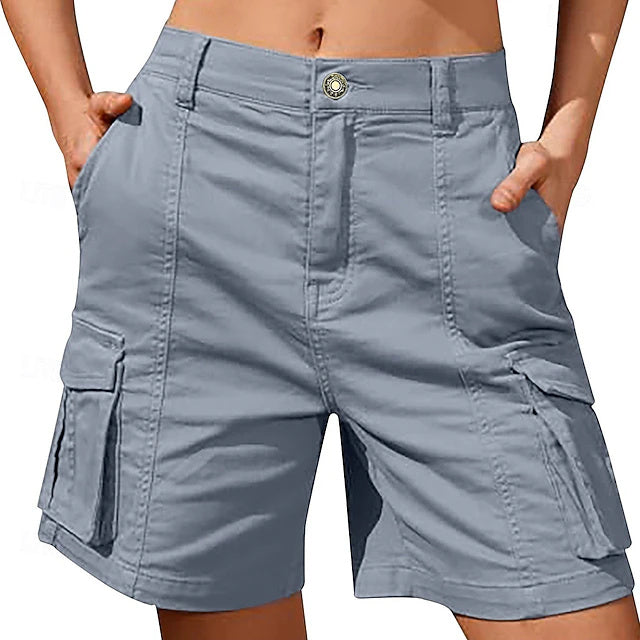 Women's Solid Color Bermuda Cargo Shorts, Mid-Rise Spliced Design with Zip Pockets, Soft Quick Dry Casual Shorts for Summer Vacation & Daily Wear