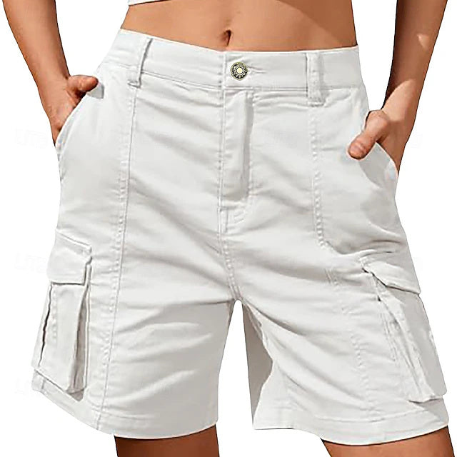 Women's Solid Color Bermuda Cargo Shorts, Mid-Rise Spliced Design with Zip Pockets, Soft Quick Dry Casual Shorts for Summer Vacation & Daily Wear