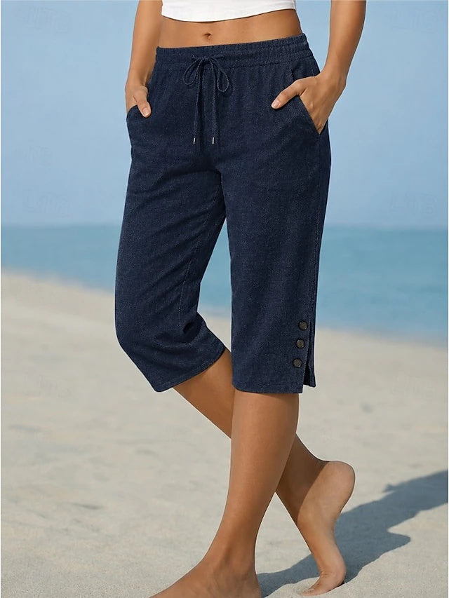High Waist Denim Bermuda Shorts Solid Color