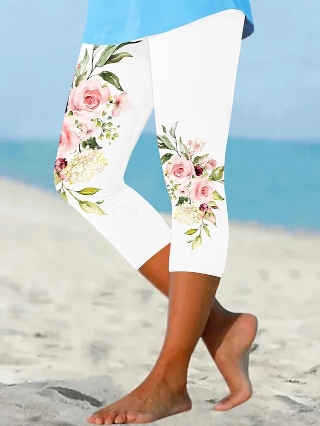 High Waist Printed Khaki Capri Pants Stretch Slim Fit