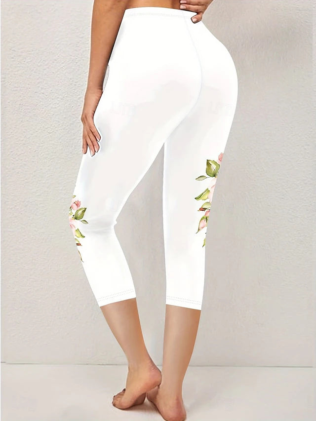 High Waist Printed Khaki Capri Pants Stretch Slim Fit