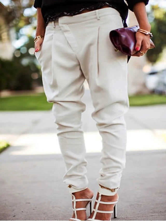 Mid-Rise Solid Full Length Pants Asymmetrical Design with Pockets