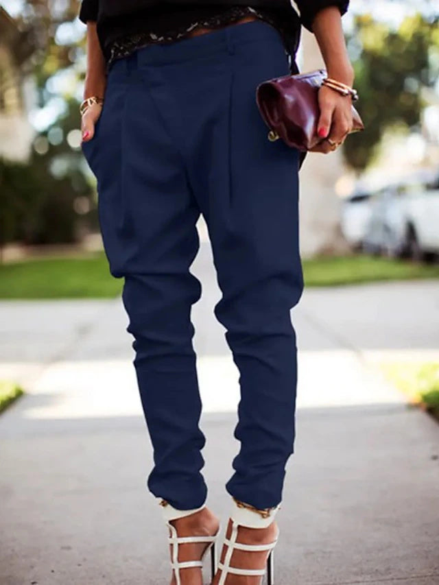 Mid-Rise Solid Full Length Pants Asymmetrical Design with Pockets