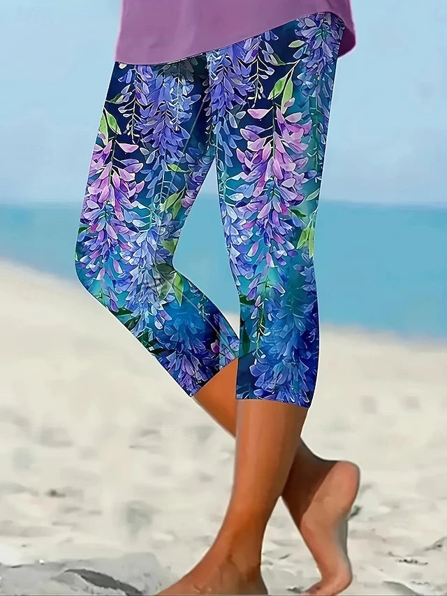 High Waist Floral Print Capri Leggings Stretch Slim Fit