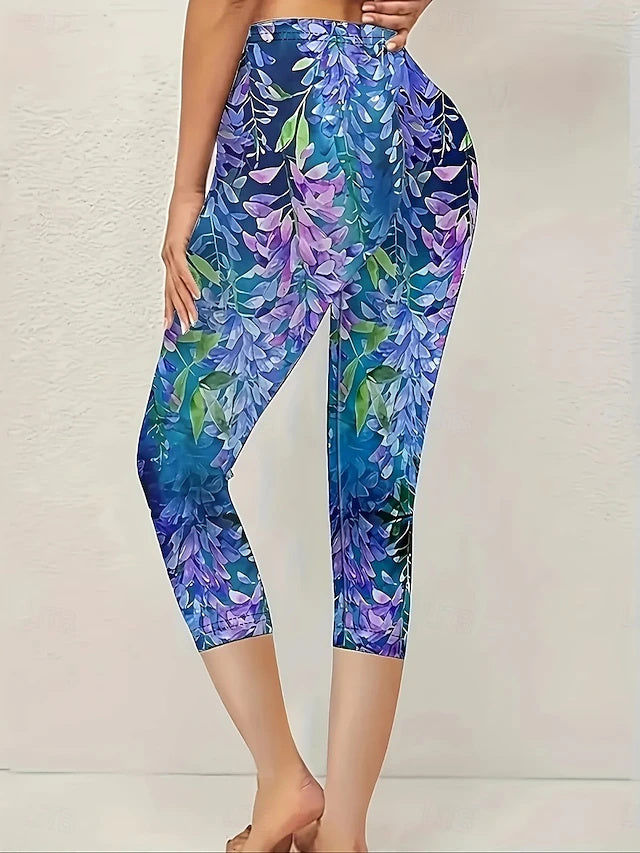High Waist Floral Print Capri Leggings Stretch Slim Fit