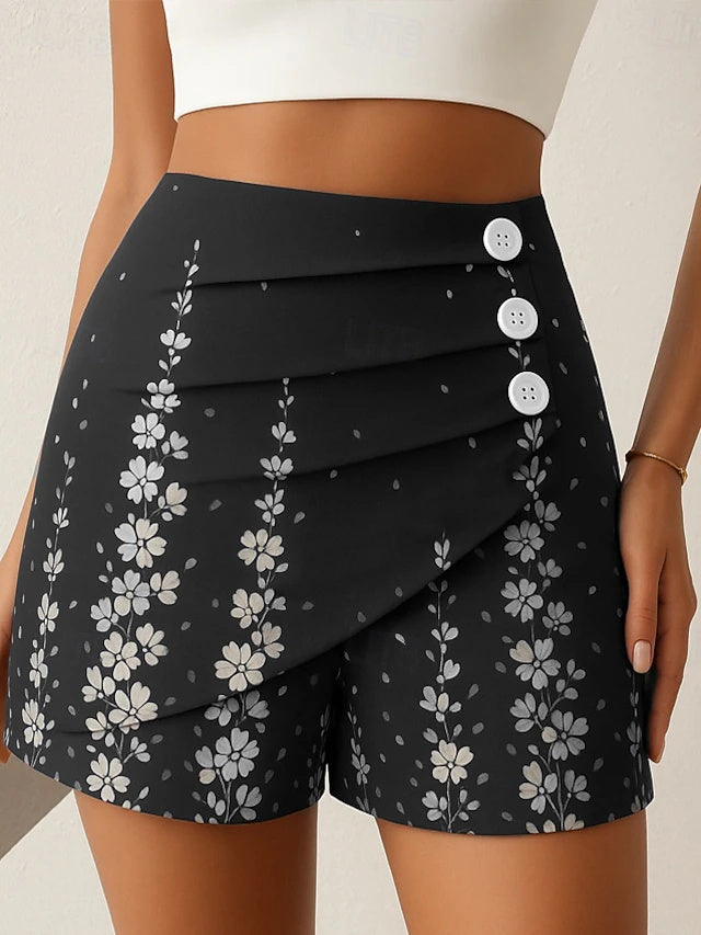 High Waist Layered Twill Cotton Shorts Printed Mild Stretch