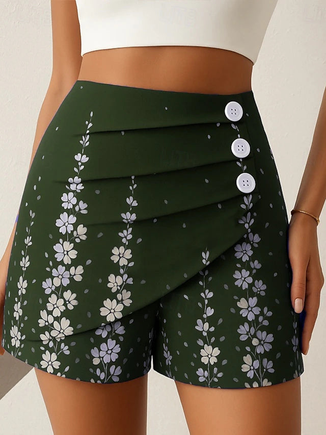 High Waist Layered Twill Cotton Shorts Printed Mild Stretch