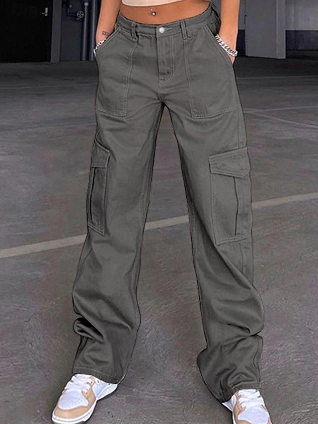 High Waist Multi-Pocket Cargo Pants Solid Stretch