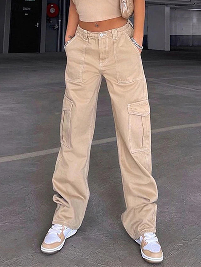 High Waist Multi-Pocket Cargo Pants Solid Stretch