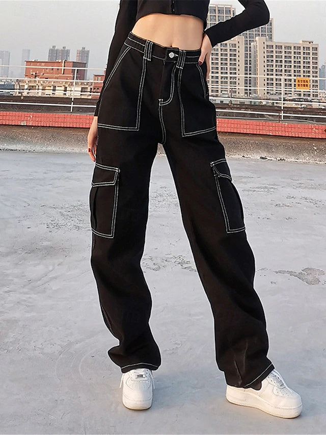 High Waist Multi-Pocket Cargo Pants Solid Stretch