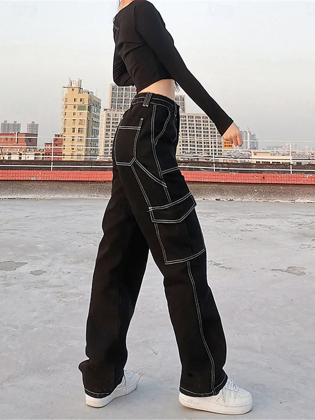 High Waist Multi-Pocket Cargo Pants Solid Stretch