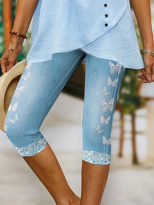 High Waist Butterfly Abstract Print Capri Pants Stretch