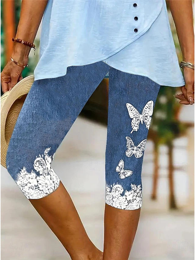 High Waist Butterfly Abstract Print Capri Pants Stretch