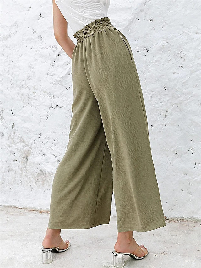 High Waist Wide Leg Twill Cotton Pants Elastic Waistband