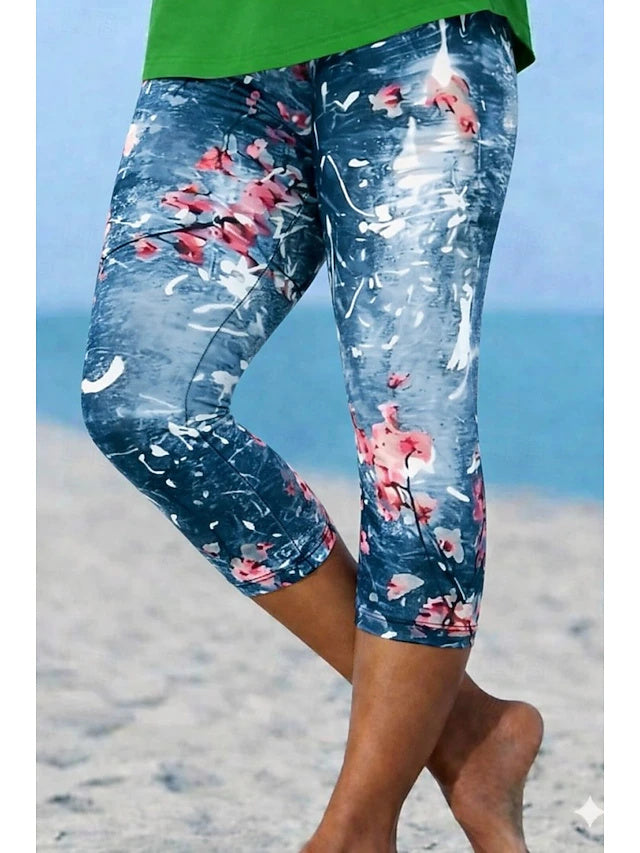 Hawaiian Floral Print Capri Leggings Stretch Slim Fit