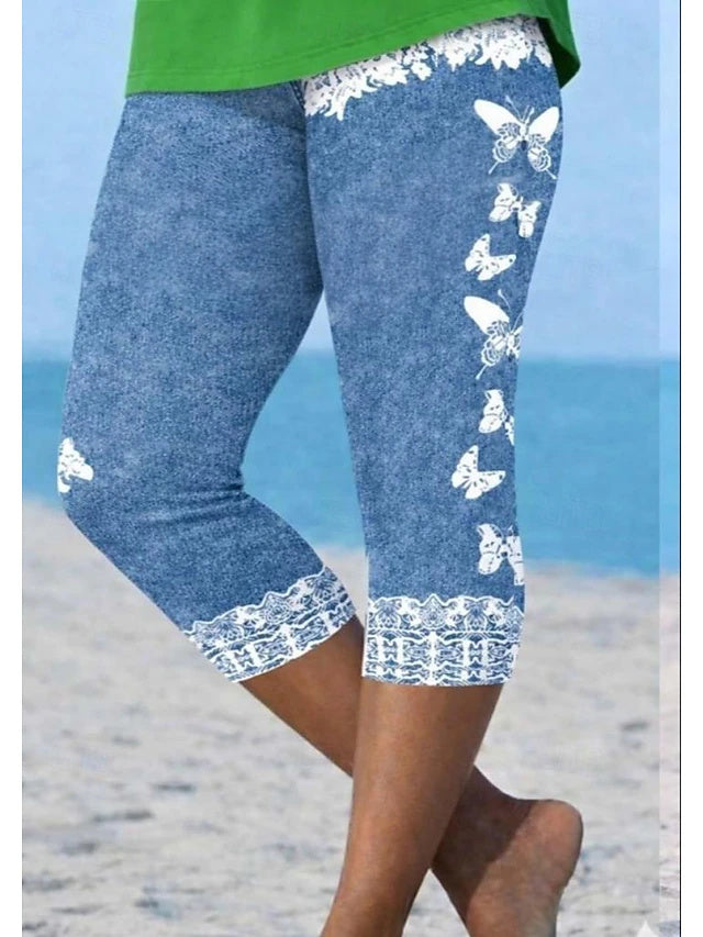 Hawaiian Floral Print Capri Leggings Stretch Slim Fit