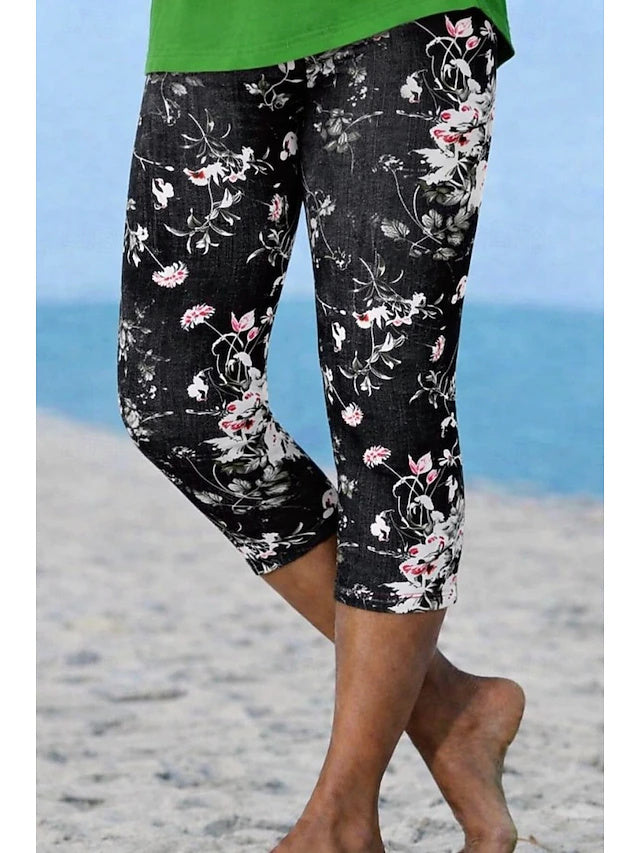 Hawaiian Floral Print Capri Leggings Stretch Slim Fit