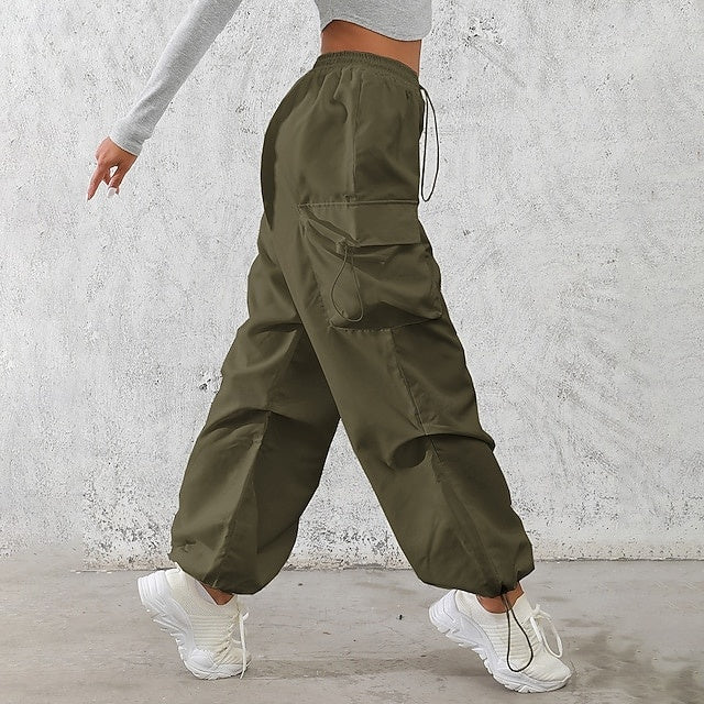 Women's Mid-Rise Solid Cargo & Casual Pants, Drawstring Pockets with Elastic Waistband, Non-Stretch Quick Dry Breathable Trousers, Street & Sport Style for Daily Wear