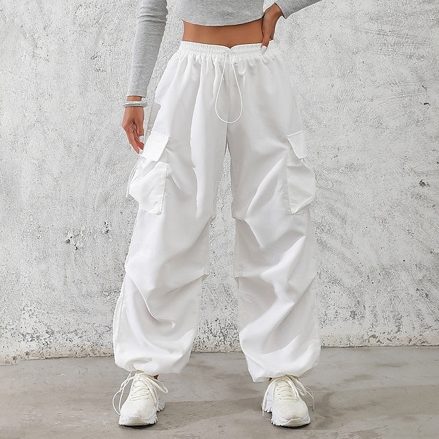Women's Mid-Rise Solid Cargo & Casual Pants, Drawstring Pockets with Elastic Waistband, Non-Stretch Quick Dry Breathable Trousers, Street & Sport Style for Daily Wear