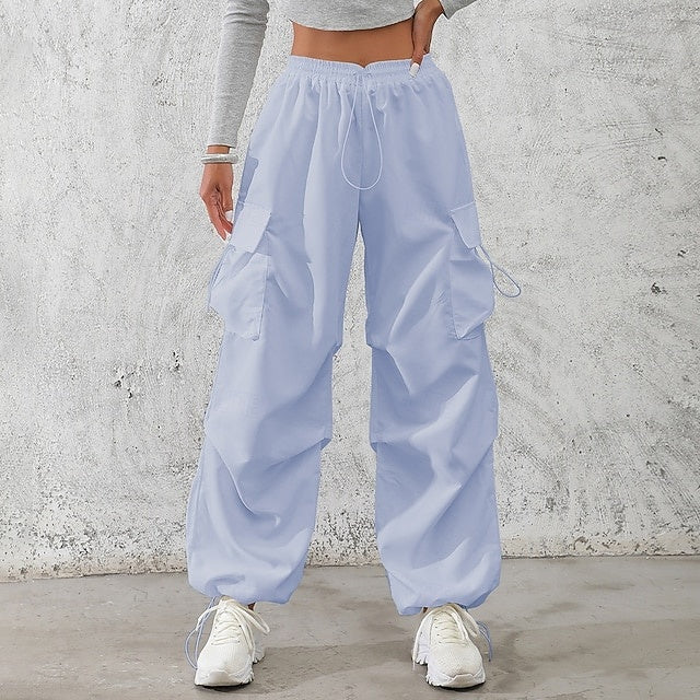 Women's Mid-Rise Solid Cargo & Casual Pants, Drawstring Pockets with Elastic Waistband, Non-Stretch Quick Dry Breathable Trousers, Street & Sport Style for Daily Wear