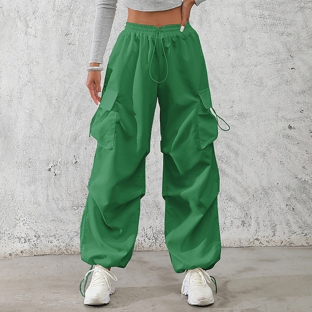 Women's Mid-Rise Solid Cargo & Casual Pants, Drawstring Pockets with Elastic Waistband, Non-Stretch Quick Dry Breathable Trousers, Street & Sport Style for Daily Wear