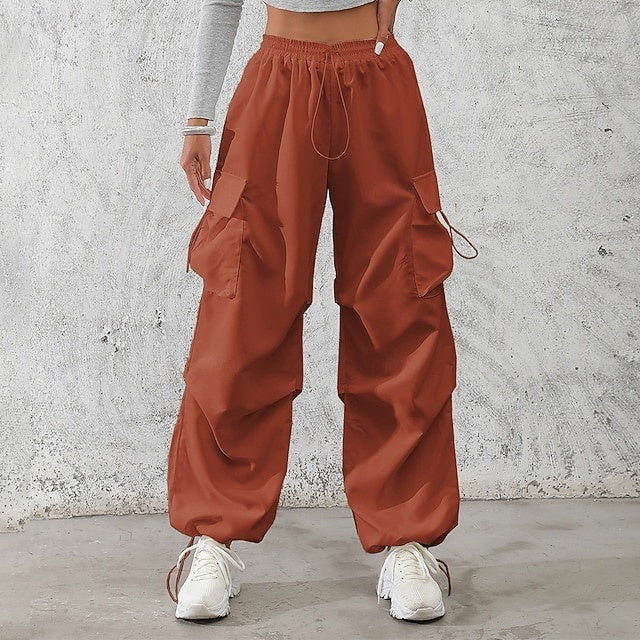 Women's Mid-Rise Solid Cargo & Casual Pants, Drawstring Pockets with Elastic Waistband, Non-Stretch Quick Dry Breathable Trousers, Street & Sport Style for Daily Wear