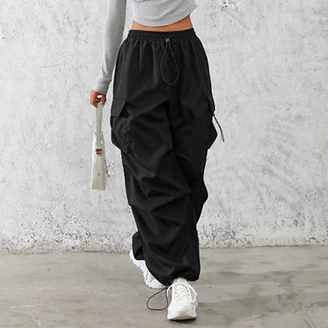 Women's Mid-Rise Solid Cargo & Casual Pants, Drawstring Pockets with Elastic Waistband, Non-Stretch Quick Dry Breathable Trousers, Street & Sport Style for Daily Wear