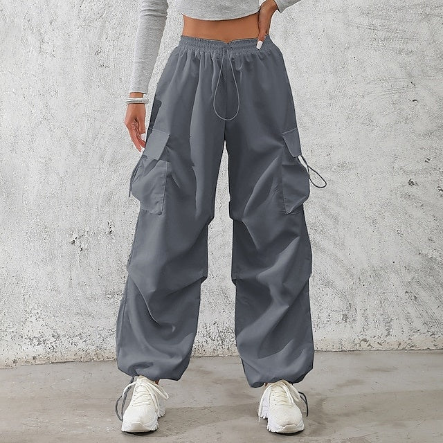 Women's Mid-Rise Solid Cargo & Casual Pants, Drawstring Pockets with Elastic Waistband, Non-Stretch Quick Dry Breathable Trousers, Street & Sport Style for Daily Wear
