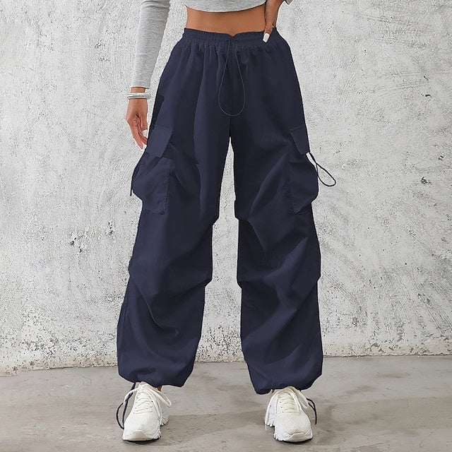 Women's Mid-Rise Solid Cargo & Casual Pants, Drawstring Pockets with Elastic Waistband, Non-Stretch Quick Dry Breathable Trousers, Street & Sport Style for Daily Wear
