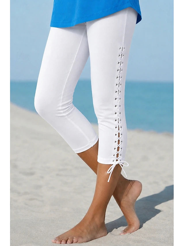 Women's High Waist Solid Color Capri Leggings with Drawstring, Regular Elastic Slim Fit Casual Pants for Spring & Summer Daily Wear