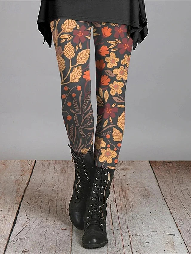 High Waist Printed Full Length Leggings Elastic Waist
