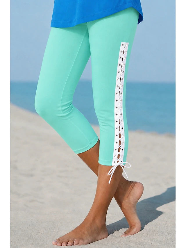 Women's High Waist Solid Color Capri Leggings with Drawstring, Regular Elastic Slim Fit Casual Pants for Spring & Summer Daily Wear