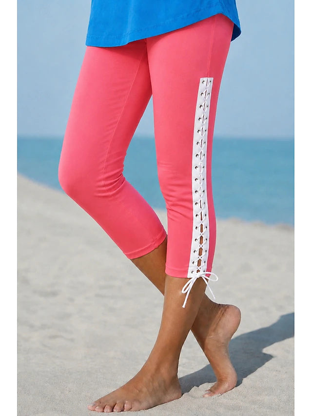 Women's High Waist Solid Color Capri Leggings with Drawstring, Regular Elastic Slim Fit Casual Pants for Spring & Summer Daily Wear