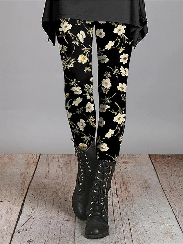 High Waist Printed Full Length Leggings Elastic Waist