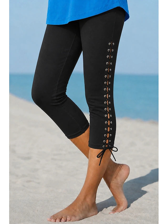Women's High Waist Solid Color Capri Leggings with Drawstring, Regular Elastic Slim Fit Casual Pants for Spring & Summer Daily Wear