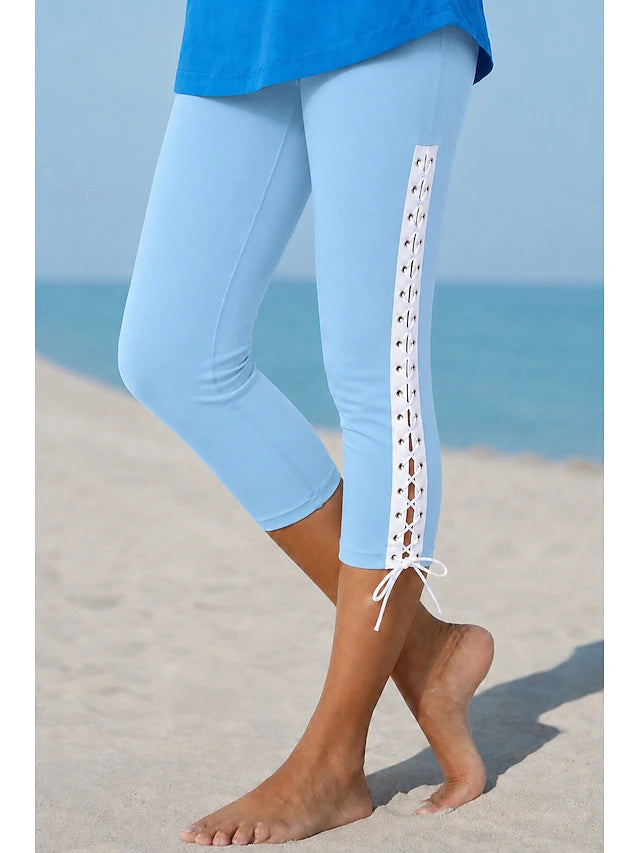 Women's High Waist Solid Color Capri Leggings with Drawstring, Regular Elastic Slim Fit Casual Pants for Spring & Summer Daily Wear