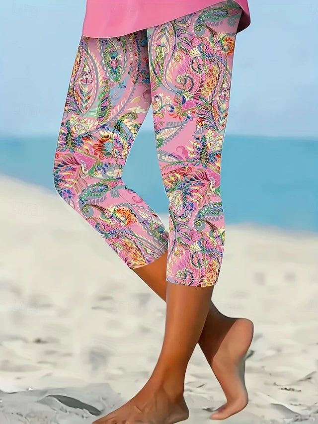Khaki Paisley Floral Print Capri Leggings High Waist Stretch