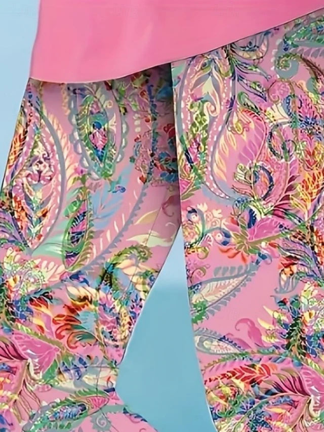 Khaki Paisley Floral Print Capri Leggings High Waist Stretch