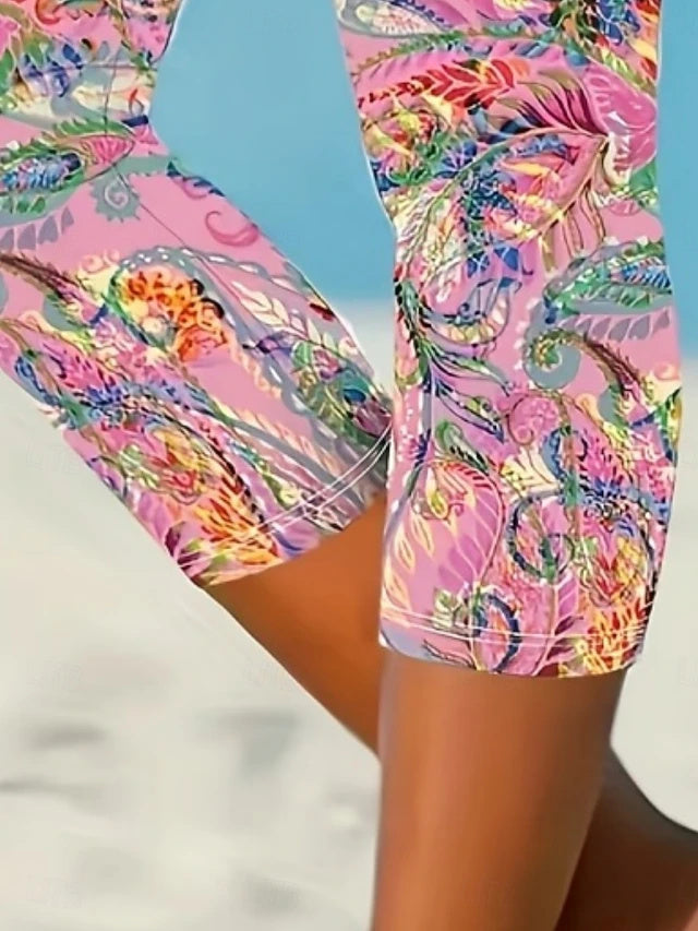 Khaki Paisley Floral Print Capri Leggings High Waist Stretch
